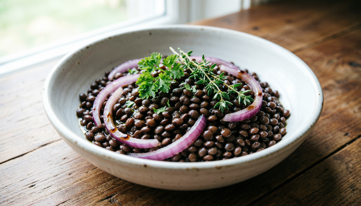 Чечевица белуга в европейском маринаде с луком и уксусом
